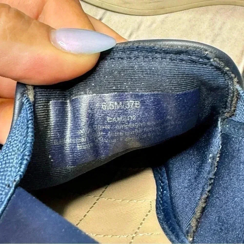 Karl Lagerfeld Paris Cameo2 Blue Satin Wedge Slip On Shoes Women’s size 6.5M